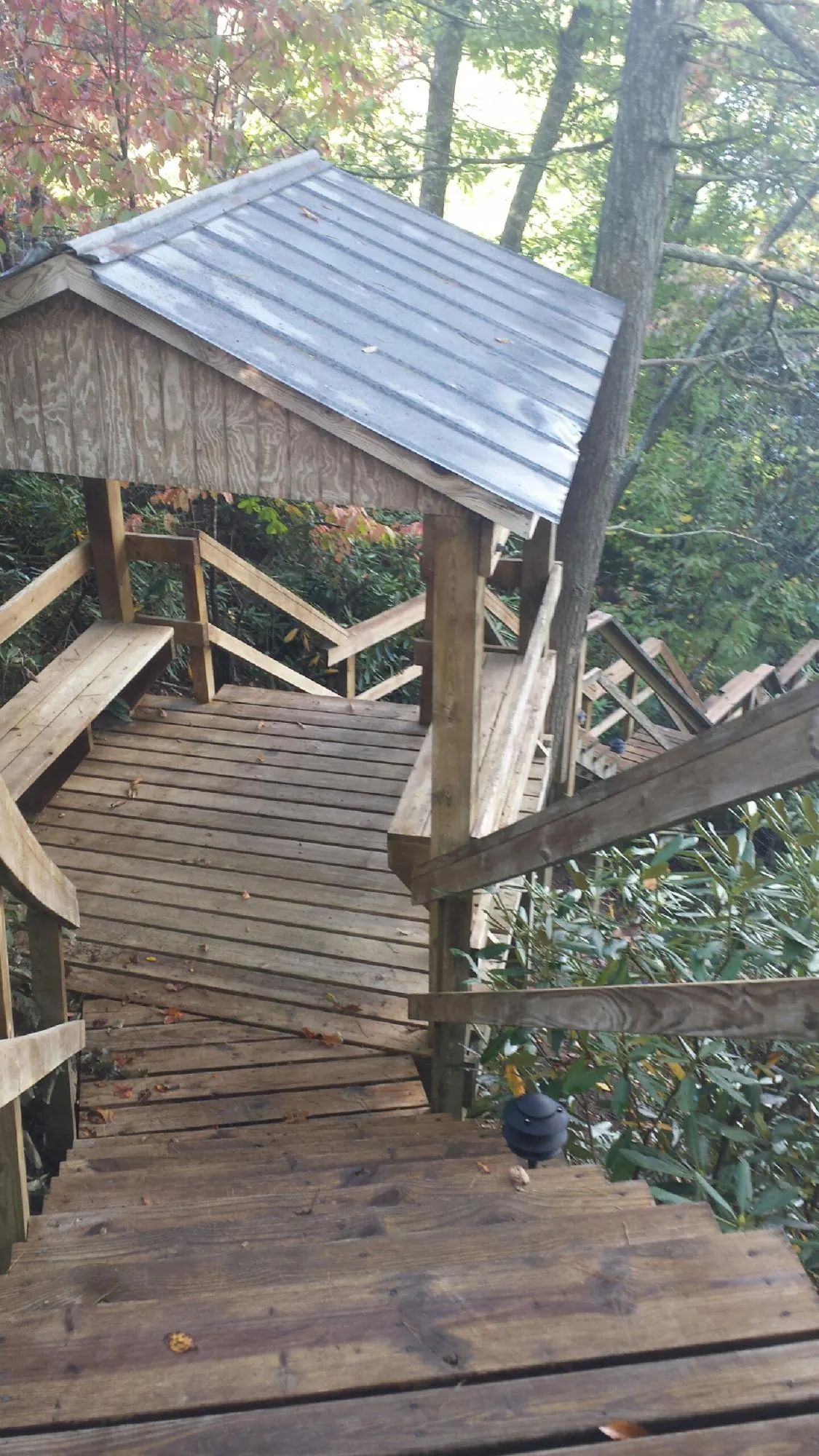 Metal roofed shelter over wooden steps on a wooded walkway — Skylight Repair & Installation work by our crew in New Riegel
